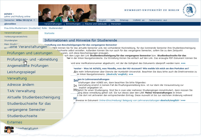 [Bild: AGNES-Startseite nach Login als Studierende_r mit hervorgehobenem Funktionsmenü.]