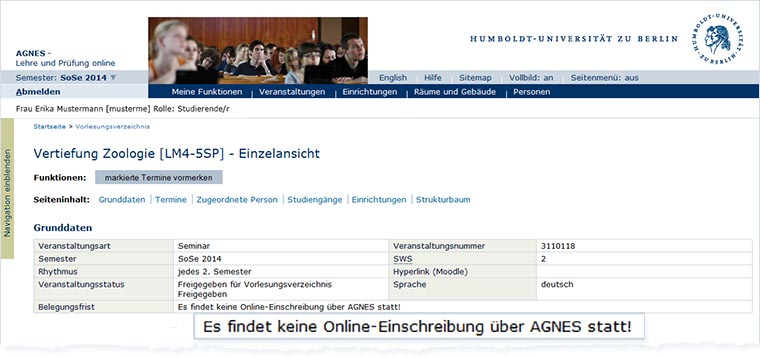 Es findet keine Online-Einschreibung Ã¼ber AGNES statt